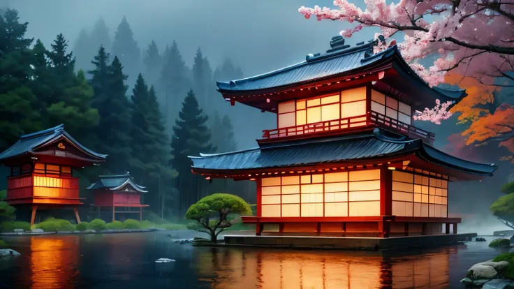 Japanese scenery showing its beautiful oriental buildings and beautiful wooded vegetation, rain, realistic, cinematic style, best quality, high definition.