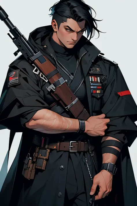 male cyberpunk militar character design, holding a rifle, gun, weapon, black robe, moody face, frown, edgy, dynamic pose, powerful pose, assassin, motion blur, character illustration, dnd, red white and black clothes, daggers, dangerous, Arte de Stjepan Se...