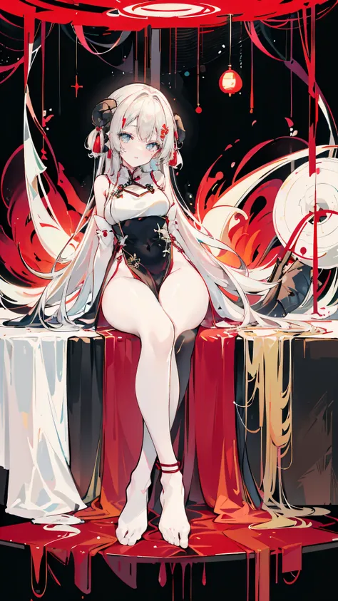 a girl，sheep&#39;s horn, full color,  long white hair, red眼睛 ，eyeliner,  black transparent clothes, red, open air, rose, night, ...