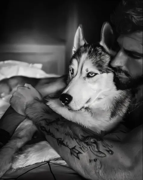 faaris azura laying in bed with a husky dog on his lap, unconditional love, emotional picture, half man half wolf, wolf like a human, faaris azura and his dog, faaris azura