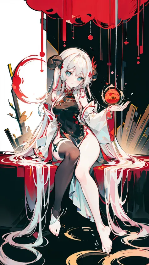 a girl，sheep&#39;s horn, full color,  long white hair, red眼睛 ，eyeliner,  black transparent clothes, red, open air, rose, night, ...