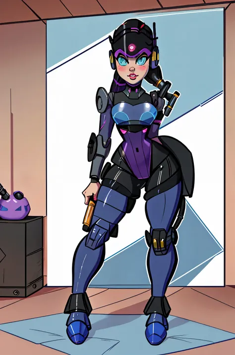 a close up of a drawing of a female robot with a circle around her, echo from overwatch, as a retro futuristic heroine, widowmaker from overwatch, girl in mecha cyber armor, cute cyborg girl, cyborg merchant girl, female mecha, widowmaker, from overwatch, ...