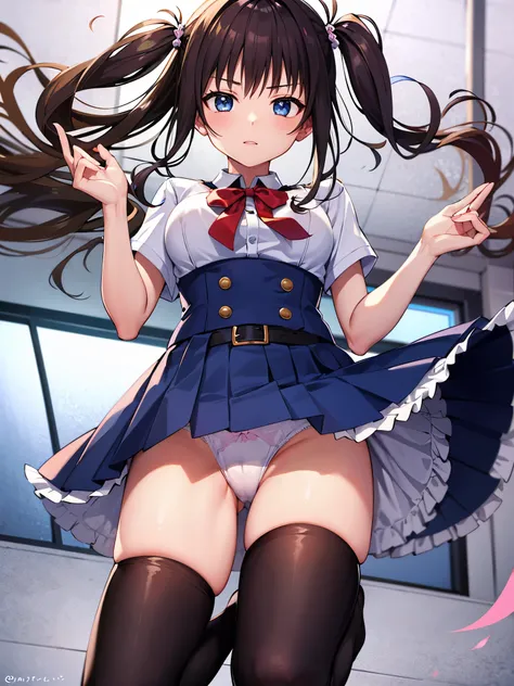 (1 girl),(high quality), (High resolution), (extremely detailed), (8K),(lower body shot),(She is wearing panties under her school uniform and short navy pleated skirt.),(wearing black knee-high stockings)not wearing shoes,perfect writing,(Beautifully erect...