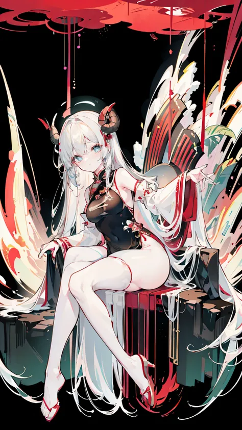 a girl，Sheep&#39;s horn, full color,  long white hair, Red眼睛 ，Eyeliner,  black transparent clothes, Red, open air, Rose, night, ruins, Butterfly，mine same as the original, mine, , (:1.2)
rest, (cheongsam), (view from below), (Put your arms behind your back...