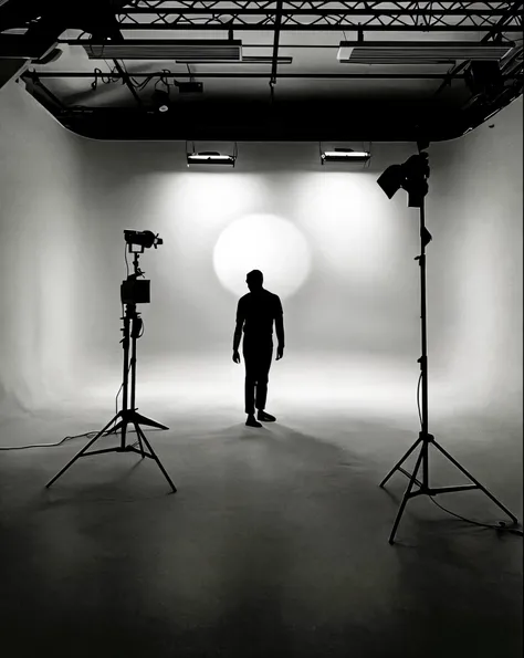 image of a faaris azura standing in a studio with a camera, film lighting, cinematography lighting, cinematic studio lighting, documentary lighting, commercial studio lighting, 2 point studio lighting, studio backlight, set photograph, dark studio backdrop...