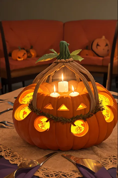 (best quality,highres:1.2),brightly lit table covered with many pumpkins,pumpkins carved with intricate and creative designs,one pumpkin with a meticulously carved Sailor Moon face,pumpkins of various sizes,colorful pumpkins with vibrant hues,table adorned...