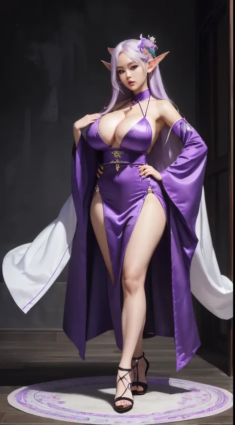 ((big breast, big hips, big thighs)), albino female, longer elf ears, purple eyes, (Korean platinum hairpin), Korean {purple} hanbok sexy sorceress dress, (pelvic curtain), peep-toe ankle strap platform heel {brown} {wooden} shoes, Korean sorceress, ((full...