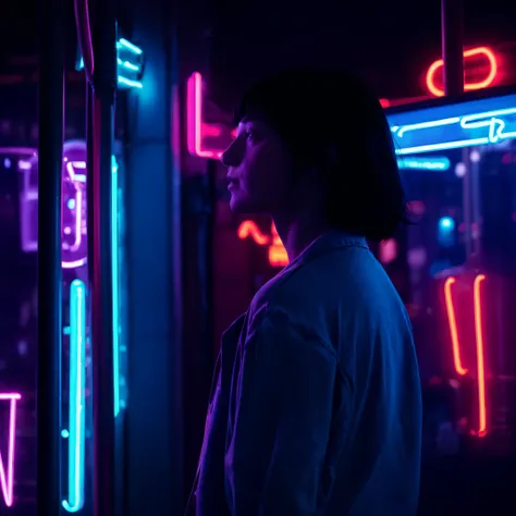 ,(coocolor:1.2),,1girl,upper body, black hair,Neon lamp,,night, morden, city street background,