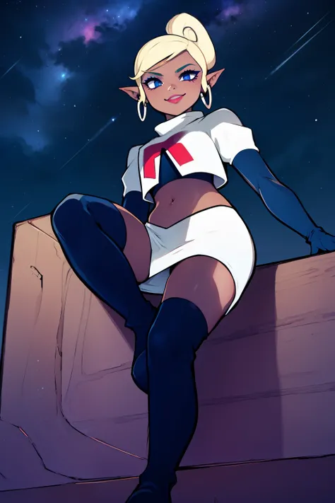 Tetra_Zelda ,earrings ,lipstick, eye shadow, heavy makeup ,team rocket uniform, red letter R, white skirt,white crop top,black thigh-high boots, black elbow gloves, smile, looking down on viewer, sitting down ,legs crossed, night sky background