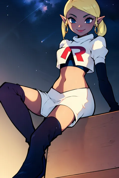 Tetra_Zelda ,earrings ,lipstick, eye shadow, heavy makeup ,team rocket uniform, red letter R, white skirt,white crop top,black thigh-high boots, black elbow gloves, smile, looking down on viewer, sitting down ,legs crossed, night sky background