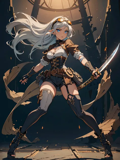 masterpiece, high quality, inside underground cave, 1_woman, ((full body)), mid-jump, mid-air, ((holding japanese katana in hand)), (exotic skin_complexion:1.4),mature, leaping at camera, tall, beautiful, exotic, with long elf ears, looking to the side, lo...