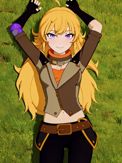 ((masterpiece,best quality)), 
yang_rwby,  1girl, solo, yellow hair, long hair, purple eyes, 
ahoge, mechanical arm, closed_mout...