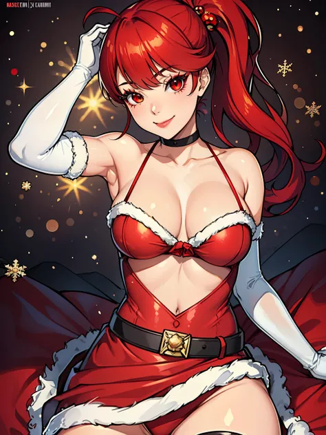 1girl, solo, masterpiece, best quality, high res, highly detailed, (illustration), beautiful detailed eyes, kasumi, red hair, pony tail, red eyes, ,lipstick, eye shadow, heavy makeup, warm smile, long white satin elbow gloves ,cowboy shot, (santa), red san...