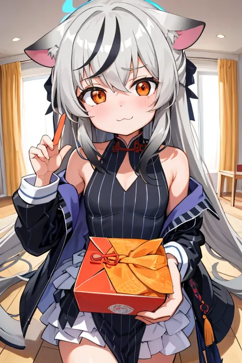 tmasterpiece， best qualtiy， ultra - detailed， 1girll，Gray hair Kokona， inside in room， Orange eye， ：3，the face,  closeup cleavage,  New Years celebration