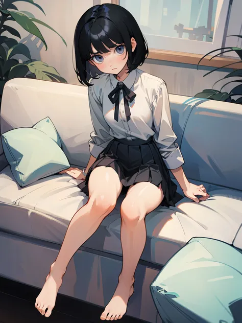 Woman with short black hair、White shirt with ribbon、gray pleated skirt、thin thighs、Looking at me with no expression、sitting on the sofa、barefoot、To the toes、Panty shot