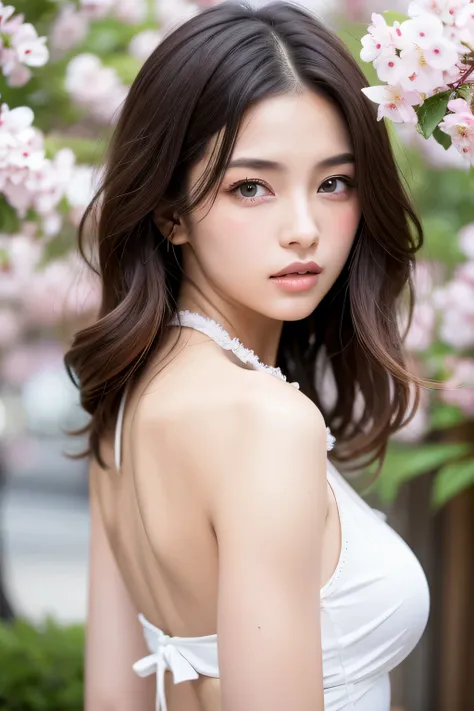 1girl, different poses, fully body, NSFW, brown hair, blue eyes, pink and white clothing, sakura leafs, vivid colors, white outfits, paint splash,  background, ray tracing, wavy hair, different poses, Double Eyelids, Full Lips, High Cheekbones, Symmetrical...