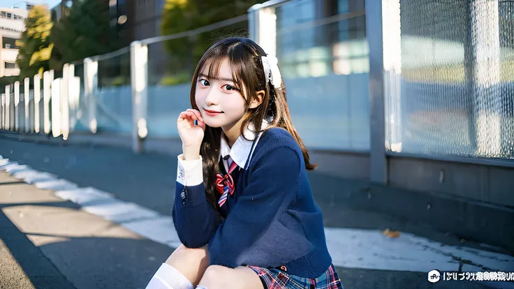 Cute high school girl 18 years old in miniskirt uniform、The background is a winter school