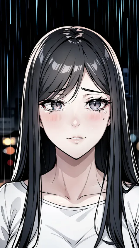 {8k image}, beautiful woman, 27 years old, big black hair, crying in the rain, city ​​background raining at night, {face portrait}, full focus on the face, lineart, monochrome