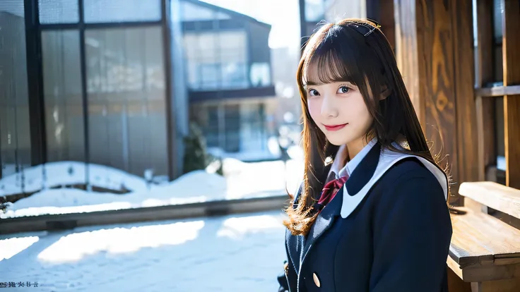 Cute high school girl 18 years old in miniskirt uniform、The background is inside the classroom、I can see snow outside the window