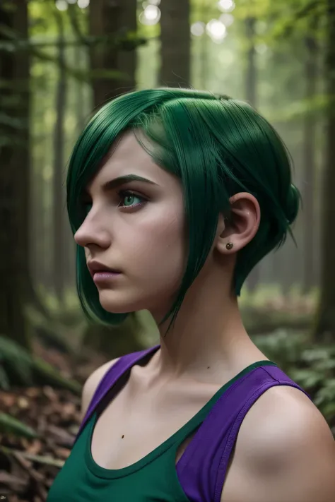 ratte867, 1girl, solo, (forest green hair:1.2), asymmetrical haircut, (violet clothes:1.2) masterpiece, best quality, photoreali...