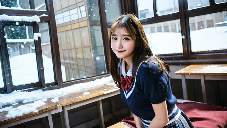 cute high school girl, 18-year-old, Wearing a miniskirt uniform、The background is inside the classroom、I can see snow outside the window