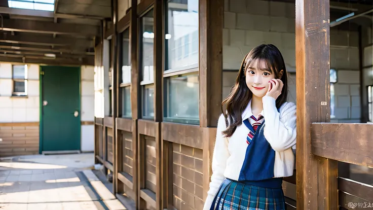 18 year old high school girl in miniskirt uniform、winter classroom