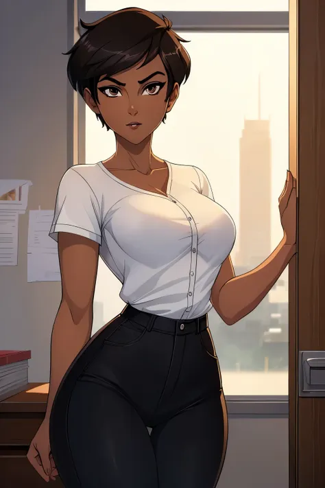 ((ultra quality)), ((masterpiece)), lois lane, short stature, ((black short hair tomboy hairstyle)), (beautiful face), (beautifu...