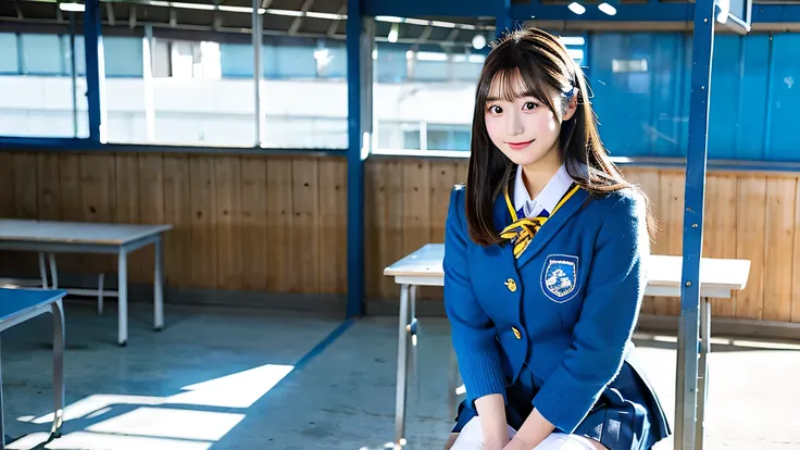 high school girl, 18-year-old, Wearing a blue miniskirt uniform、winter classroom