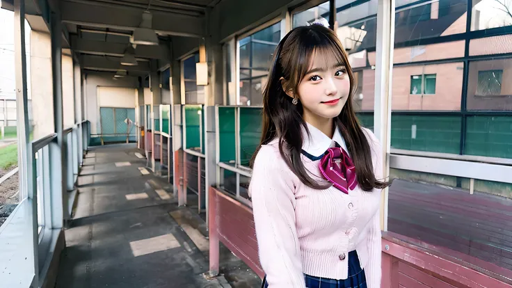 High school girl 18 years old wearing a pink miniskirt uniform、winter classroom