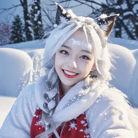 ((Best-quality, Masterpiece, Ultra-High-Resolution, (Photorealistic:1.4), Raw-Photo, Extremely-Details, Perfect-Anatomy)), 1girls, 18-years-old, the most popular Japanese-idol, grinning at heavy-snowy-mountain, paw-pose, open mouth,extremely cute face like...