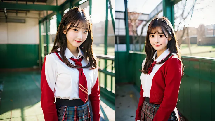 high school girl, 18-year-old, Wearing a red miniskirt uniform、winter classroom