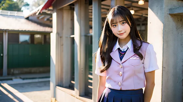 18 year old high school girl wearing a pink miniskirt uniform.、winter classroom