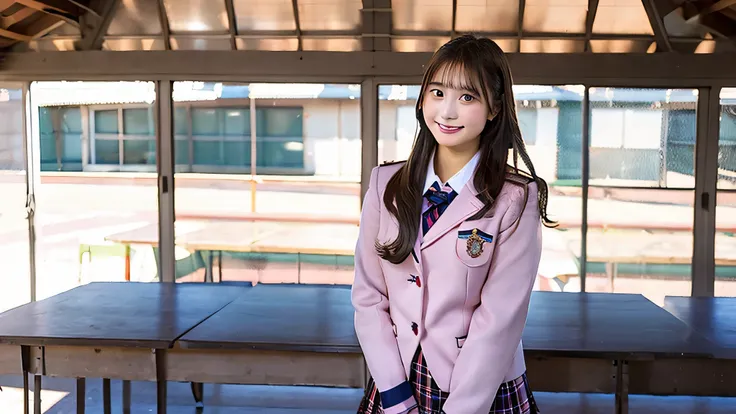 18 year old high school girl wearing a pink miniskirt uniform.、winter classroom