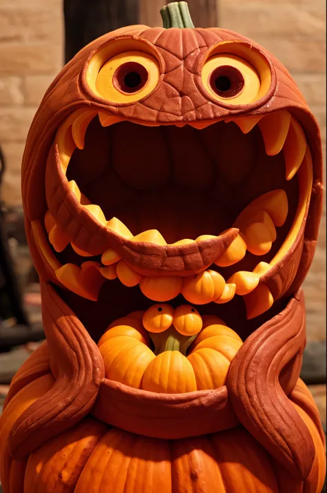 A creepy pumpkin is carved to resemble a scary monster