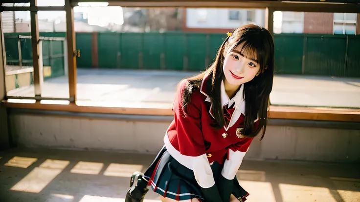 high school girl, 18-year-old, Wearing a red miniskirt uniform、winter classroom