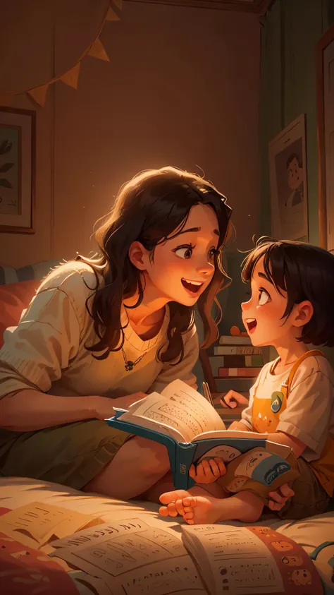 Illustration of mother telling bedtime story to little girl，Warm bedroom，bed，Smile，telling stories，read a book，close up，Pixar cinematic style, best quality, movie stills,