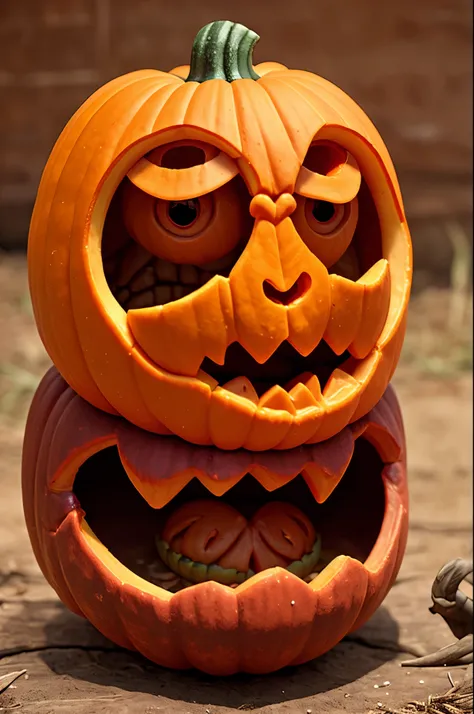 A creepy pumpkin is carved to resemble a scary monster