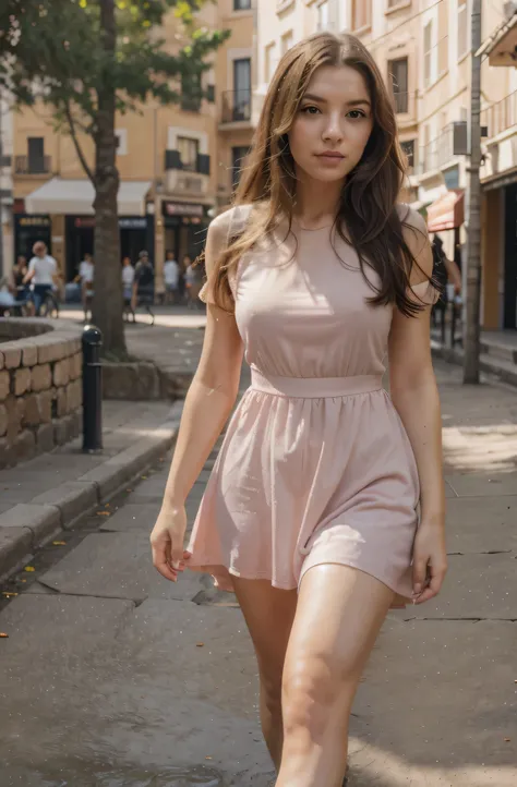 woman, in pink dress, walking in barcelona, day