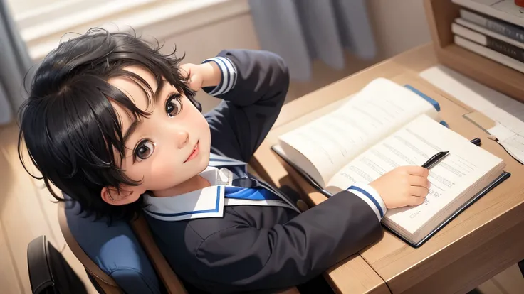 a little boy，black hair，blue school uniform，Writing homework at the desk，happy happy，