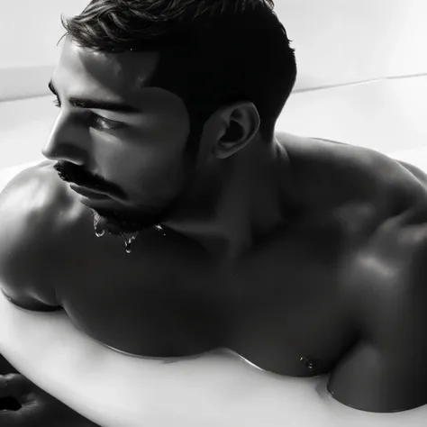 faaris azura laying in a bathtub with a glove on his hand, oil bath, faaris azura with dark skin, water dripping off him, wet hairy bodies, frank ocean, sexy gaze, wet boody,  milk - bath effect, faaris azura shirtless, profile image