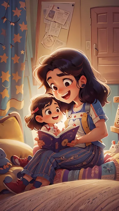 Illustration of mother telling bedtime story to little girl，Warm bedroom，bed，Smile，telling stories，read a book，close up，Pixar cinematic style, best quality, movie stills,