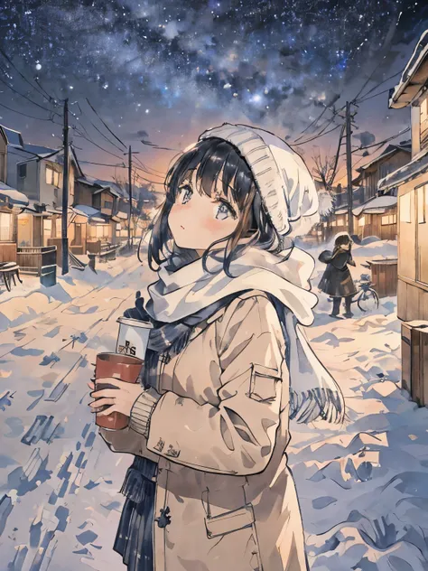 girl in uniform looking up、Starry sky、Scarf、warm drinks、winter、residential street、concrete、utility pole