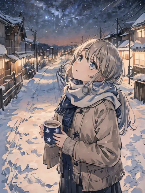 girl in uniform looking up、Starry sky、Scarf、warm drinks、winter、residential street、concrete、utility pole