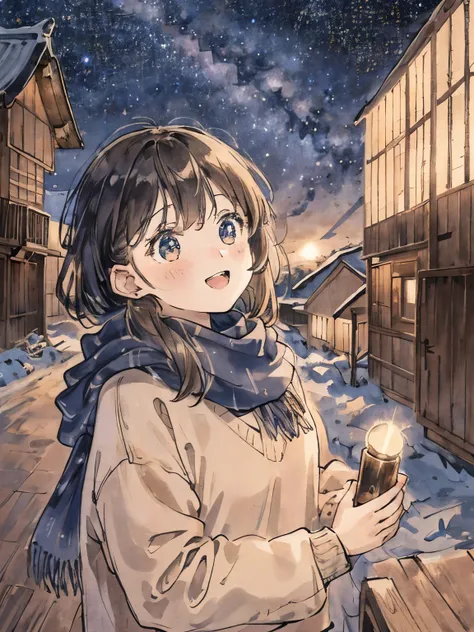 girl in a sweater looking up、Starry sky、Scarf、Wooden house、cottage