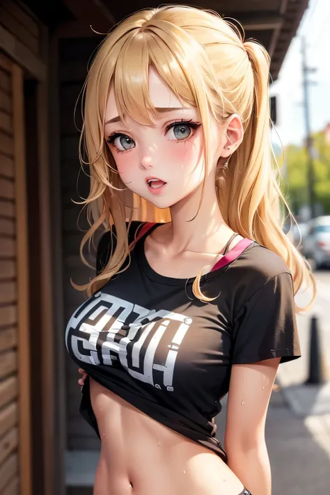 (1girl), medium breasts, tan, dewy skin, sweaty skin, wavy blonde hair, punk tshirt, punk girl