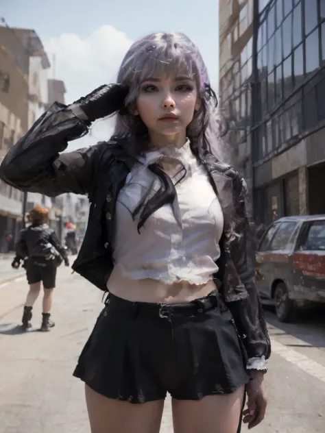 "The photograph features Kirigiri Kyoko, un personaje de la serie Danganronpa, en un estilo ultra realista. Ella encarna la elegancia de una mujer latina con su cabello morado largo y trenzado hacia un lado, destacando un flequillo contundente que enmarca ...
