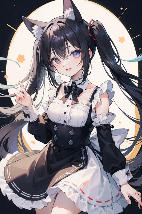 long black twin tails、Maid clothes、((I feel like I&#39;m about to fall))、Maid Cafe、open your mouth、happy smile、particles of light、animal ears((Masterpiece of the highest quality:1.2)), [[[Hand with multiple limbus formation]]]