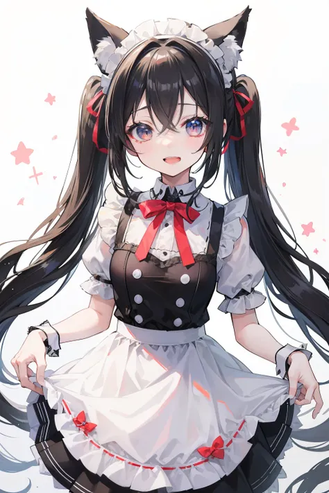 long black twin tails、Maid clothes、((I feel like I&#39;m about to fall))、Maid Cafe、open your mouth、happy smile、particles of light、animal ears((Masterpiece of the highest quality:1.2)), [[[Hand with multiple limbus formation]]]