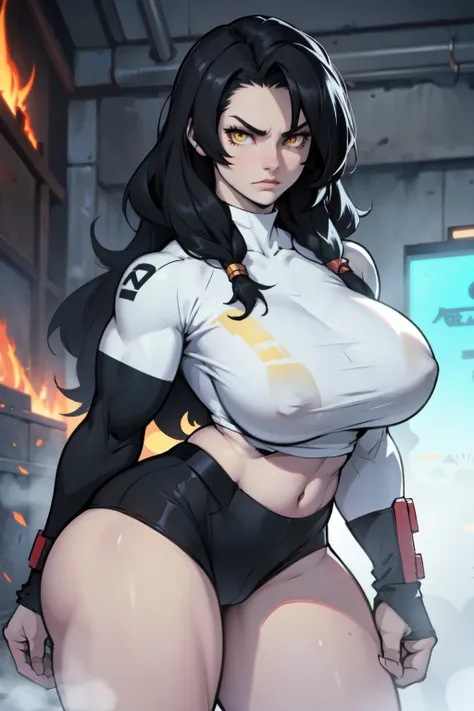 pale girl angry girl muscular girl thick girl breast girl black hair girl yellow eyes girl long straight hair 