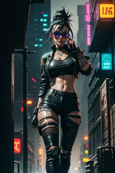 melhor qualidade, ultra-detalhado, profissional, roqueira sexy cyberpunk, Cabelos amarelos e pretos, fishnet top and camouflage bikini, tight dark jeans, cores vivas, sharp focus, Retratos, maquiagem punk, fundo futurista, luzes de neon, smoke effects, jaq...